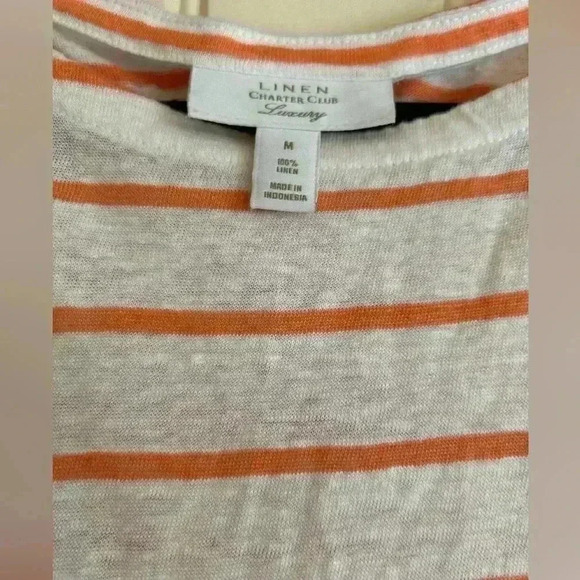 Linen Charter Club Luxury Coastal  Blouse Top shirt Medium white orange striped - Picture 4 of 6